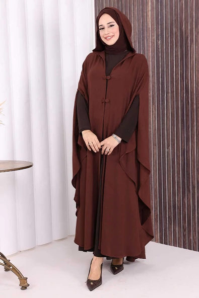 Kapüşonlu Ayrobin Pelerin 70021 Kahverengi - Resim 2