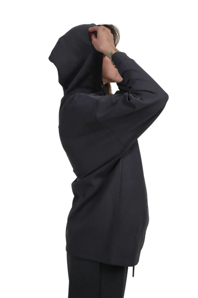 Kadın Yumuşak Dokulu Modal Kumaş Fermuar Cep Detaylı Rahat Kalıp Antrasit Kapüşonlu Sweatshirt - 4