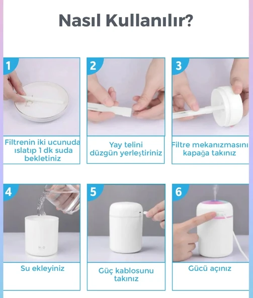 Ortam Nemlendirici Bataryalı Şarjlı H2o Araç İçi Ev Ofis Rgb Renkli Işıklı Buhar makinası - 6