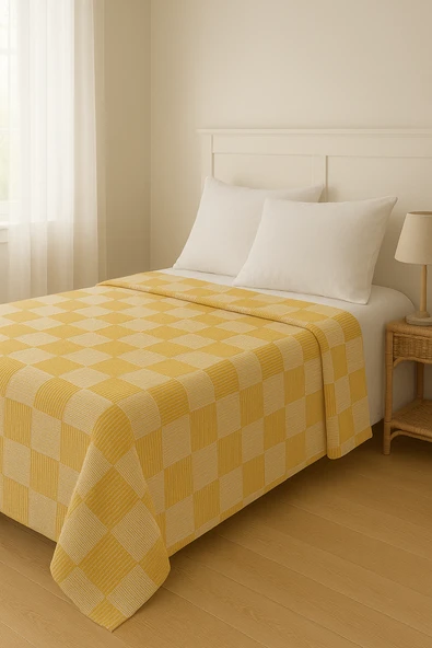 Çift Kişilik Pike Örtüsü 200x230 Hafif ve Nefes Alan Pamuk Kumaş Dama Desen Yazlık Yatak Örtüsü - 4