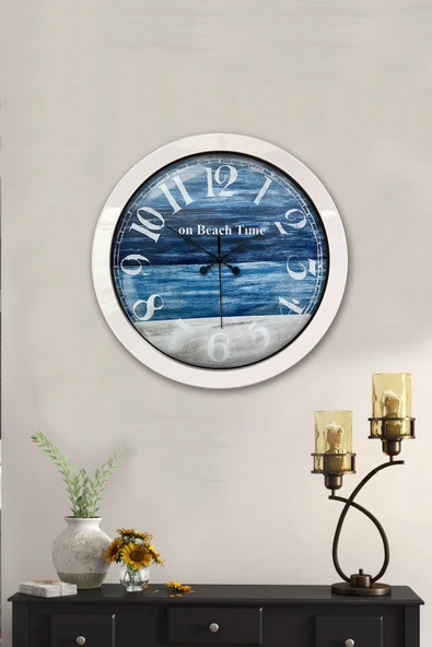 Platin Saat 36 Cm Beyaz Metal Beach Time Duvar Saati - 2