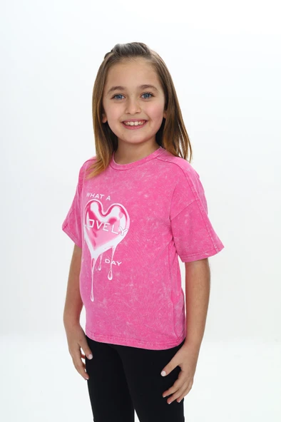 Toontoy Kız Çocuk Yıkamalı Kalp Baskılı Tişört - Resim 10
