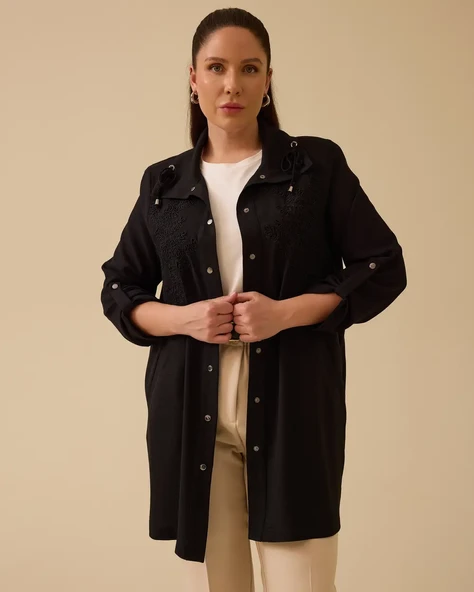 Büyük Beden Nakışlı Katlanabilir Kollu Kap Ceket Gala-Xi - 4