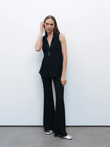 Nocturne Minimalist Midi Flared Pantolon - Yüksek Bel Geniş Paça - Resim 6