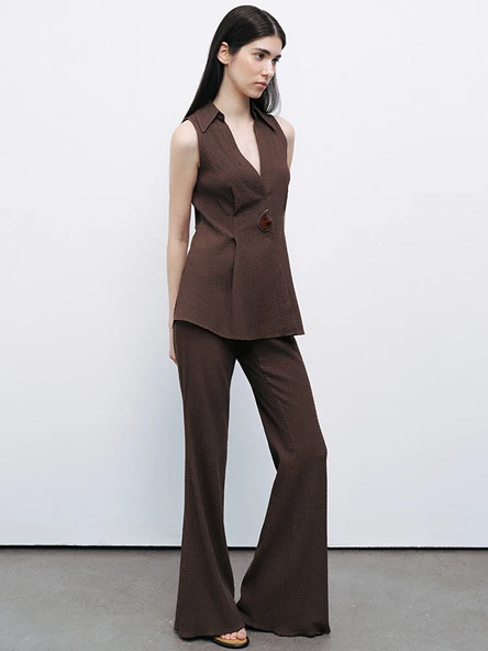 Nocturne Minimalist Midi Flared Pantolon - Yüksek Bel Geniş Paça - Resim 2