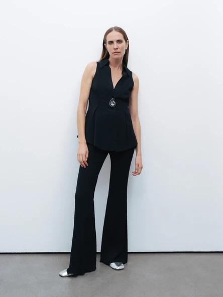 Nocturne Minimalist Midi Flared Pantolon - Yüksek Bel Geniş Paça - Resim 5