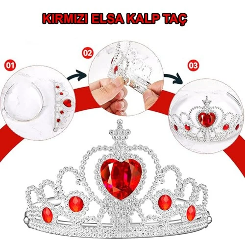 Kalp Taşlı Kırmızı Renk Karlar Ülkesi Elsa Anna Frozen Tacı - 2