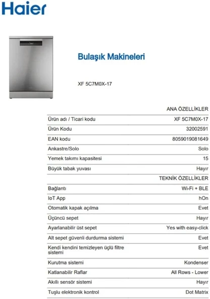 Haier XF 5C7M0X-17 Wi-Fi 8 Programlı Bulaşık Makinesi - 2