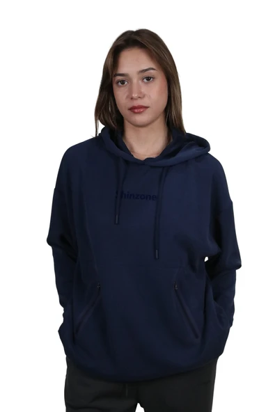 Kadın Yumuşak Dokulu Modal Kumaş Fermuar Cep Detaylı Rahat Kalıp Lacivert Kapüşonlu Sweatshirt