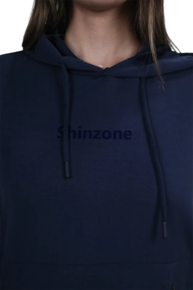 Kadın Yumuşak Dokulu Modal Kumaş Fermuar Cep Detaylı Rahat Kalıp Lacivert Kapüşonlu Sweatshirt - 5