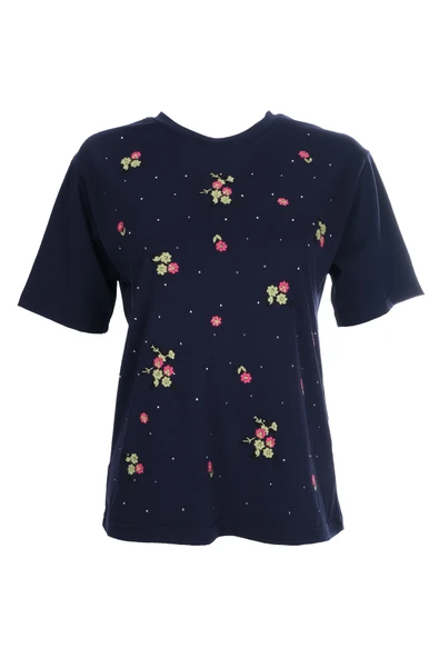 On Oversize Nakışlı Kısa Kol Kadın Bluz - Minimalist Tarz - 3