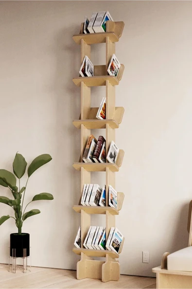 PASAWOODS Tungo Ahşap Geçmeli Kitaplık | Vidasız Kolay Kurulum | Dekoratif Dar Alan Rafı (8 Katlı)
