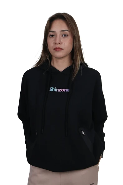 Kadın Yumuşak Dokulu Modal Kumaş Fermuar Cep Detaylı Rahat Kalıp Renkli Baskılı Kapüşonlu Sweatshirt