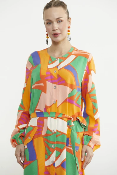 Büyük Beden Geometrik Desenli Uzun Elbise - Yeşil - Resim 4