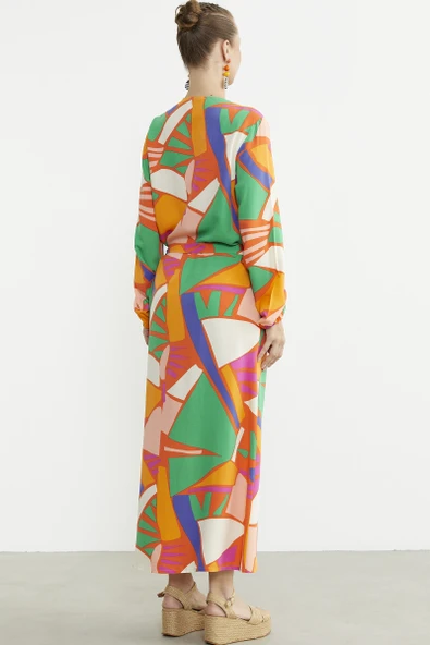 Büyük Beden Geometrik Desenli Uzun Elbise - Yeşil - Resim 6