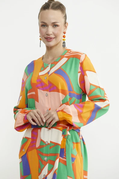 Büyük Beden Geometrik Desenli Uzun Elbise - Yeşil - Resim 2