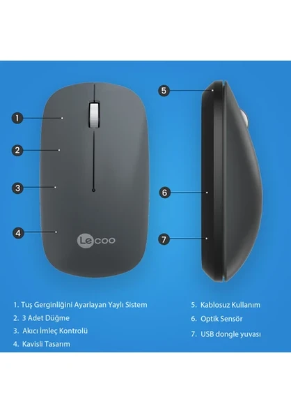 Lenovo Lecoo WS214 Gri Sessiz Ergonomik Optik Kablosuz Mouse - 3