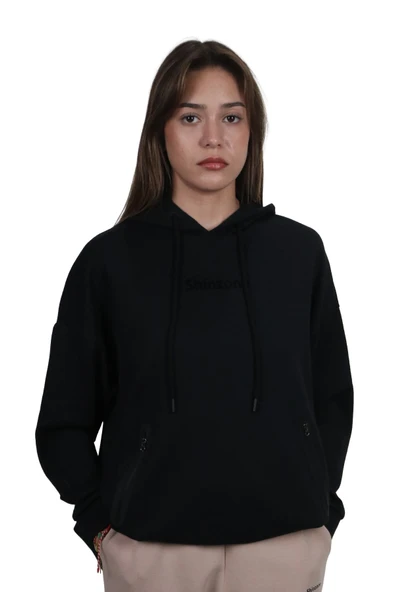Kadın Yumuşak Dokulu Modal Kumaş Fermuar Cep Detaylı Rahat Kalıp Siyah Kapüşonlu Sweatshirt