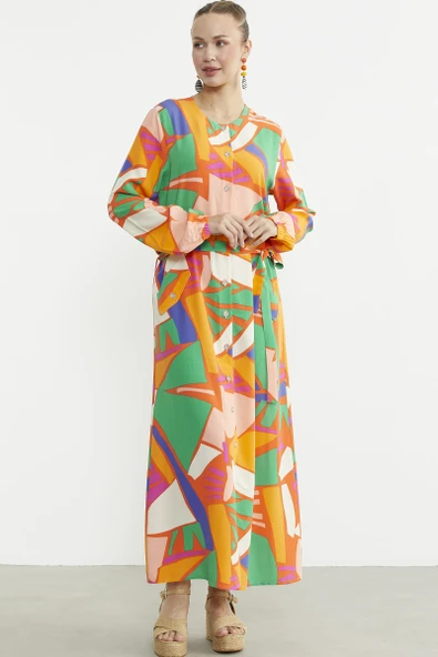 Büyük Beden Geometrik Desenli Uzun Elbise - Yeşil - Resim 3