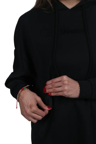 Kadın Yumuşak Dokulu Modal Kumaş Fermuar Cep Detaylı Rahat Kalıp Siyah Kapüşonlu Sweatshirt - 2