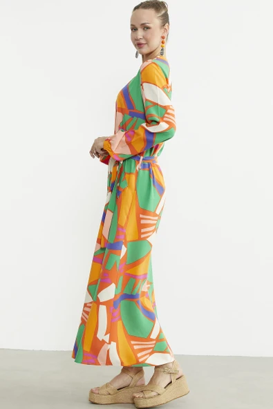 Büyük Beden Geometrik Desenli Uzun Elbise - Yeşil - Resim 5