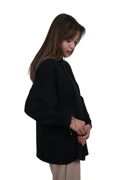 Kadın Yumuşak Dokulu Modal Kumaş Fermuar Cep Detaylı Rahat Kalıp Siyah Kapüşonlu Sweatshirt - 3
