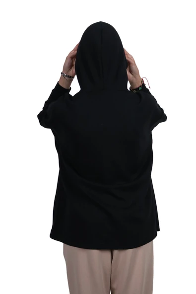 Kadın Yumuşak Dokulu Modal Kumaş Fermuar Cep Detaylı Rahat Kalıp Siyah Kapüşonlu Sweatshirt - 5