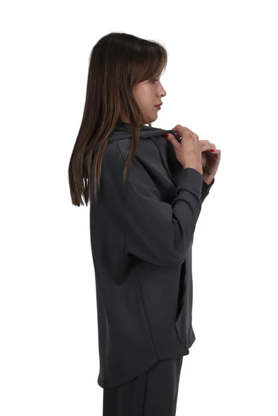 Kadın Modal Kumaş Yumuşak Dokulu Fermuarlı  Rahat Kalıp Gri Kapüşonlu Ceket Hırka - 3