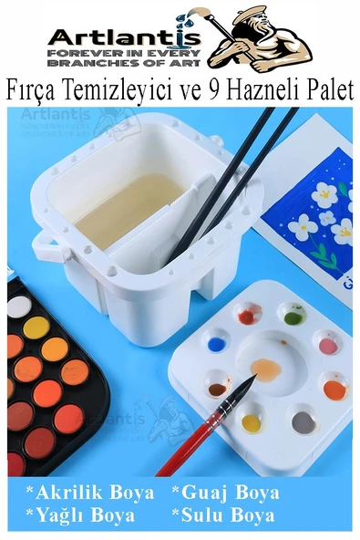 Fırça Temizleme ve 9 Hazneli Palet 1 Adet 18 li Resim Fırça Tutuculu Boya Fırçası Temizleyici Kapaklı Taşınabilir Plasti