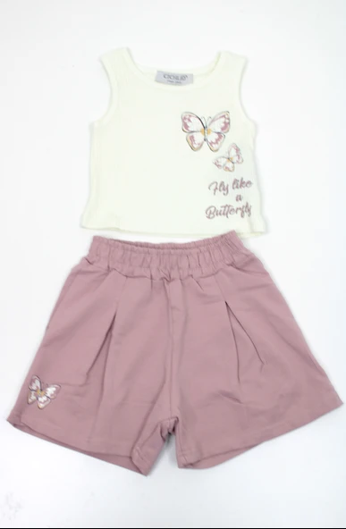 Kız Çocuk Kelebek Baskılı Crop Şortlu Takım ürün görseli