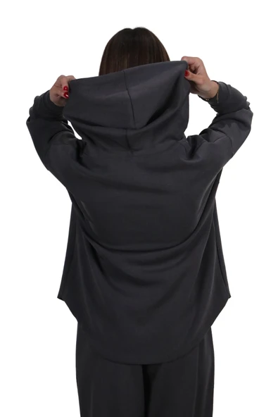 Kadın Modal Kumaş Yumuşak Dokulu Fermuarlı  Rahat Kalıp Gri Kapüşonlu Ceket Hırka - 5