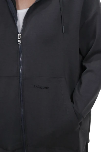 Kadın Modal Kumaş Yumuşak Dokulu Fermuarlı  Rahat Kalıp Gri Kapüşonlu Ceket Hırka - 2