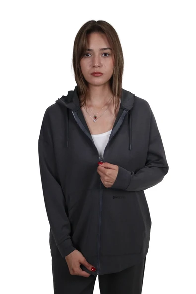 Kadın Modal Kumaş Yumuşak Dokulu Fermuarlı  Rahat Kalıp Gri Kapüşonlu Ceket Hırka