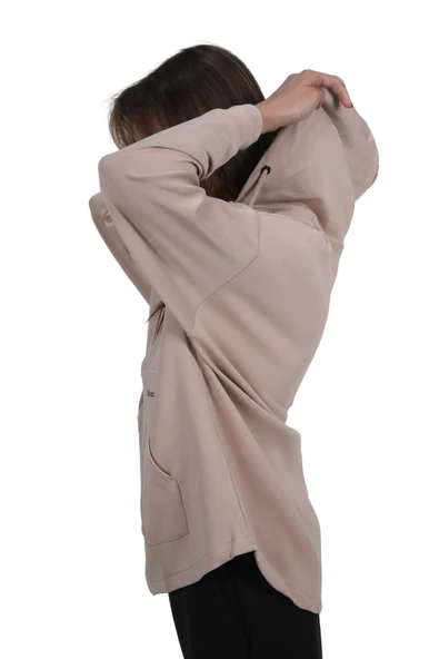 Kadın Modal Kumaş Yumuşak Dokulu Fermuarlı  Rahat Kalıp Bej Kapüşonlu Ceket Hırka - 3