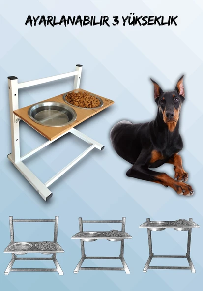 Büyük ve Orta Boy Köpekler İçin Ayarlanabilir 3 Yükseklikli Paslanmaz Çelik Mama ve Su Kabı Standı - 1