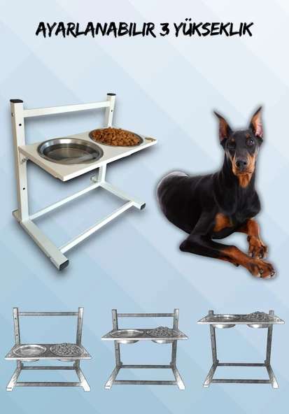 Büyük ve Orta Boy Köpekler İçin Ayarlanabilir 3 Yükseklikli Paslanmaz Çelik Mama ve Su Kabı Standı ürün görseli 1
