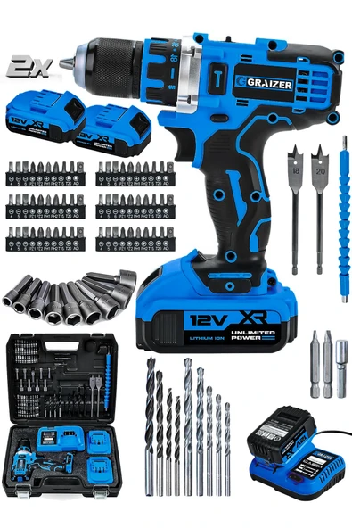 Graizer Powerforge 12v Çift Akülü Vidalama Metal Şanzıman-Metal Mandren Şarjlı Matkap-Mavi