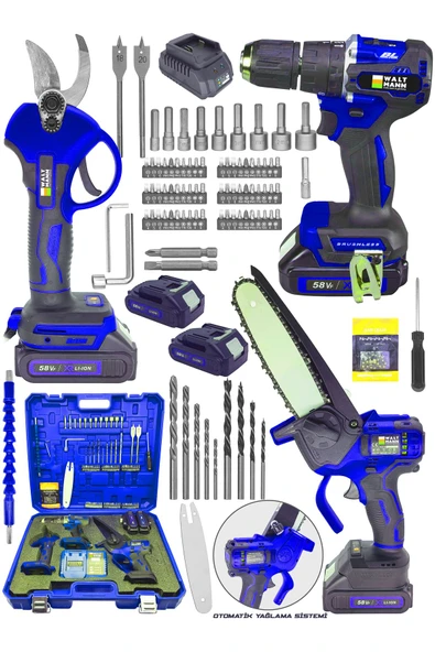 WaltMann 3 lü Set XR LI-ION Batarya Kömürsüz Motor Çift Akülü Şarjlı Matkap Şarjlı Mavi