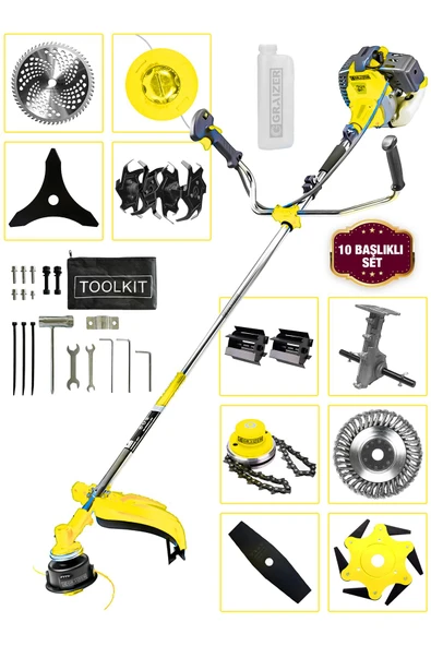 Graizer Powerforge 11 Başlıklı Set Yan Tipi Benzinli Motorlu Ot Çalı Tırpanı Çim Biçme Makinesi Tırpan-Sarı