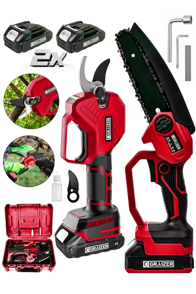 Graizer Powerforge Profesyonel 2'li Set 18v Çift Akülü Bağ Makası Ve Budama Testeresi Makinesi-Kırmızı