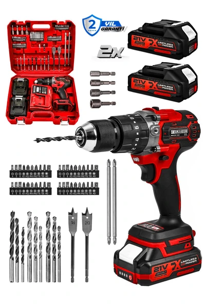 Graizer Powerforge 21v Çift Akülü Vidalama Çelik Mandren Kömürsüz Motor Darbeli Şarjlı Matkap-Kırmızı