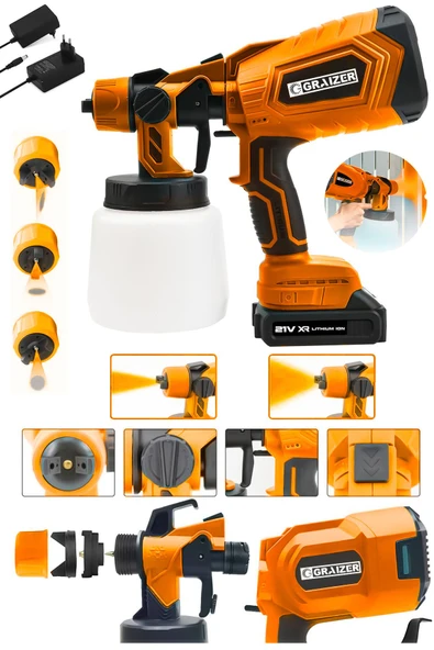 Graizer Powerforge 21v Çift Akülü 300 Mm Vernik Sprey Boya Püskürtme Makinesi-Turuncu
