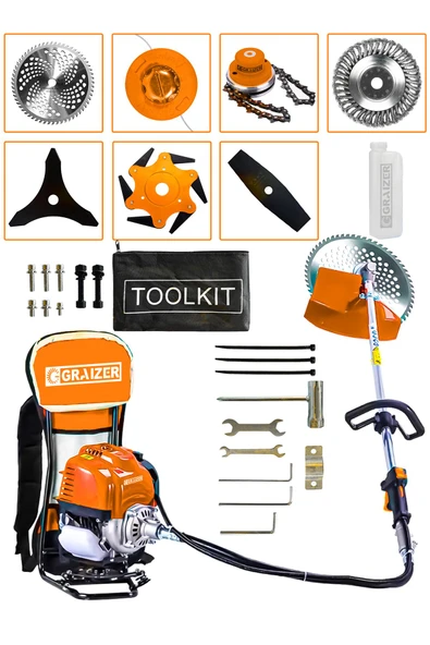 Graizer Powerforge 7 Başlıklı Set Sırt Tipi Benzinli Motorlu Ot Çalı Tırpanı Çim Biçme Makinesi Tırpan-Trnc