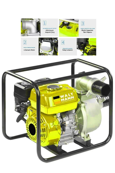 WaltMann Germany 9,8 Hp Metal Şanzıman Turbo Benzinli Yüksek Performans 3 Parmak Benzinli Su Sarı