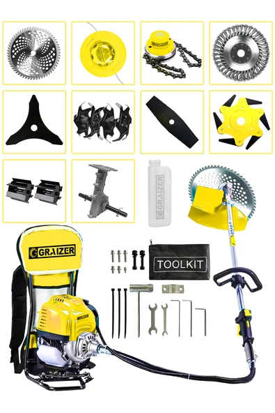 Graizer Powerforge 11 Başlıklı Set Sırt Tipi Benzinli Motorlu Ot Çalı Tırpanı Çim Biçme Makinesi Tırpan-Sarı