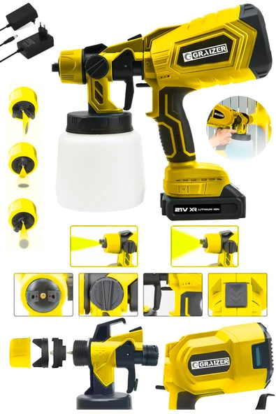 Graizer Powerforge 21v Çift Akülü 300 Mm Vernik Sprey Boya Püskürtme Makinesi-Sarı