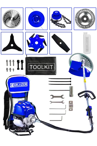 Graizer Powerforge 7 Başlıklı Set Sırt Tipi Benzinli Motorlu Ot Çalı Tırpanı Çim Biçme Makinesi Tırpan-Mavi