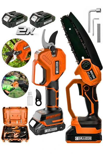 Graizer Powerforge Profesyonel 2'li Set 18v Çift Akülü Bağ Makası Ve Budama Testeresi Makinesi-Turuncu