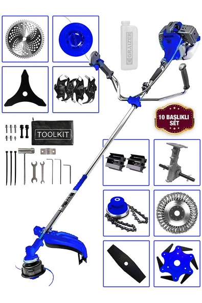 Powerforge 11 Başlıklı Set Yan Tipi Benzinli Motorlu Ot Çalı Tırpanı Çim Biçme Makinesi Tırpan-Mavi