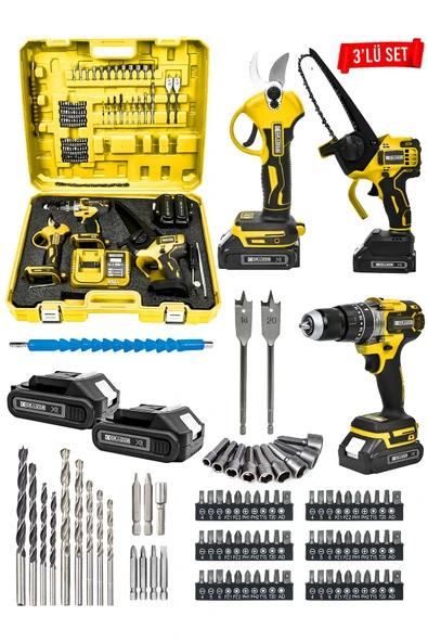 Graizer Powerforge 3'lü Set Kömürsüz Motor Şarjlı Budama Testeresi-Şarjlı Budama Makası-Şarjlı Matkap-Sarı
